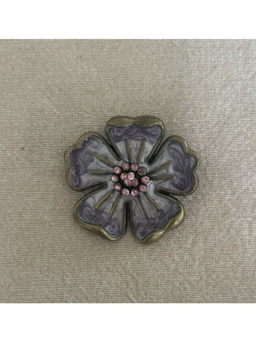 Vintage Style Purple Enamel Flower Brooch Pink Rhinestone Center